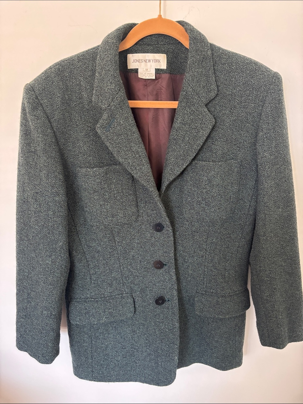 Vintage Jones New York lambswool blazer, pine green tweed, 4 pockets, size 12